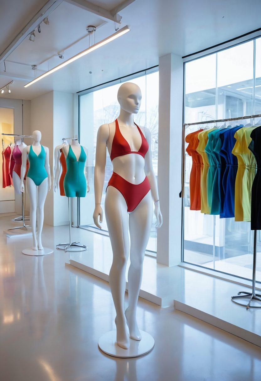 A futuristic fashion design studio filled with vibrant swimwear created using cutting-edge materials, with JavaScript code visuals projected on screens around. Display mannequins showcasing innovative bikini and swimsuit designs, surrounded by interactive digital interfaces demonstrating the use of frameworks. Sunlight streaming through large windows, casting playful shadows, suggesting a blend of technology and creativity. super-realistic. vibrant colors. white background.