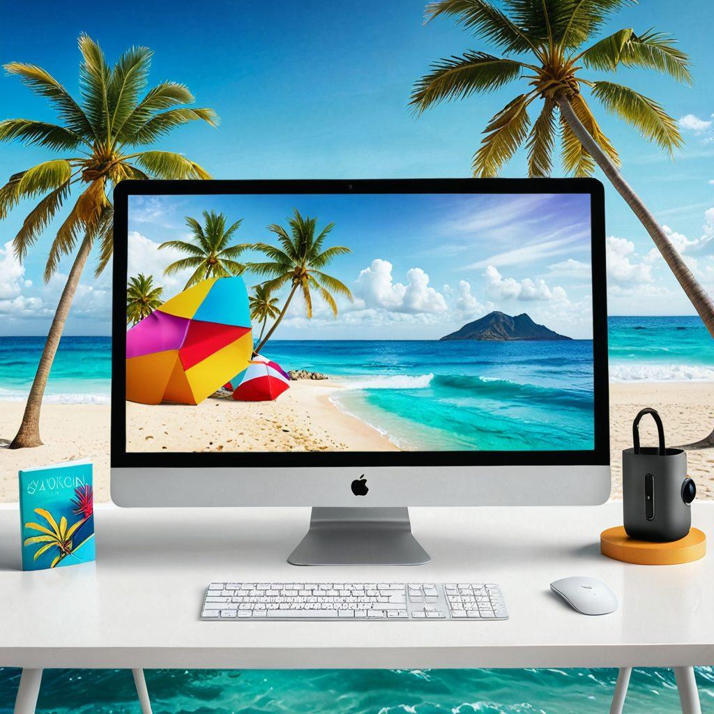 A vibrant digital workspace with a sleek computer displaying a colorful swimwear web application design, surrounded by floating JavaScript library icons. In the background, envision a serene beach scene with palm trees and waves, symbolizing the fusion of technology and fashion. Include splashes of watercolors and patterns resembling swimwear fabrics to enhance the theme. bright colors. surreal style. 3D elements.